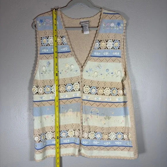 Vintage Floral Crochet Knit Button Front Vest Tan Blue MK30V92 Large grandmacore - Picture 5 of 6